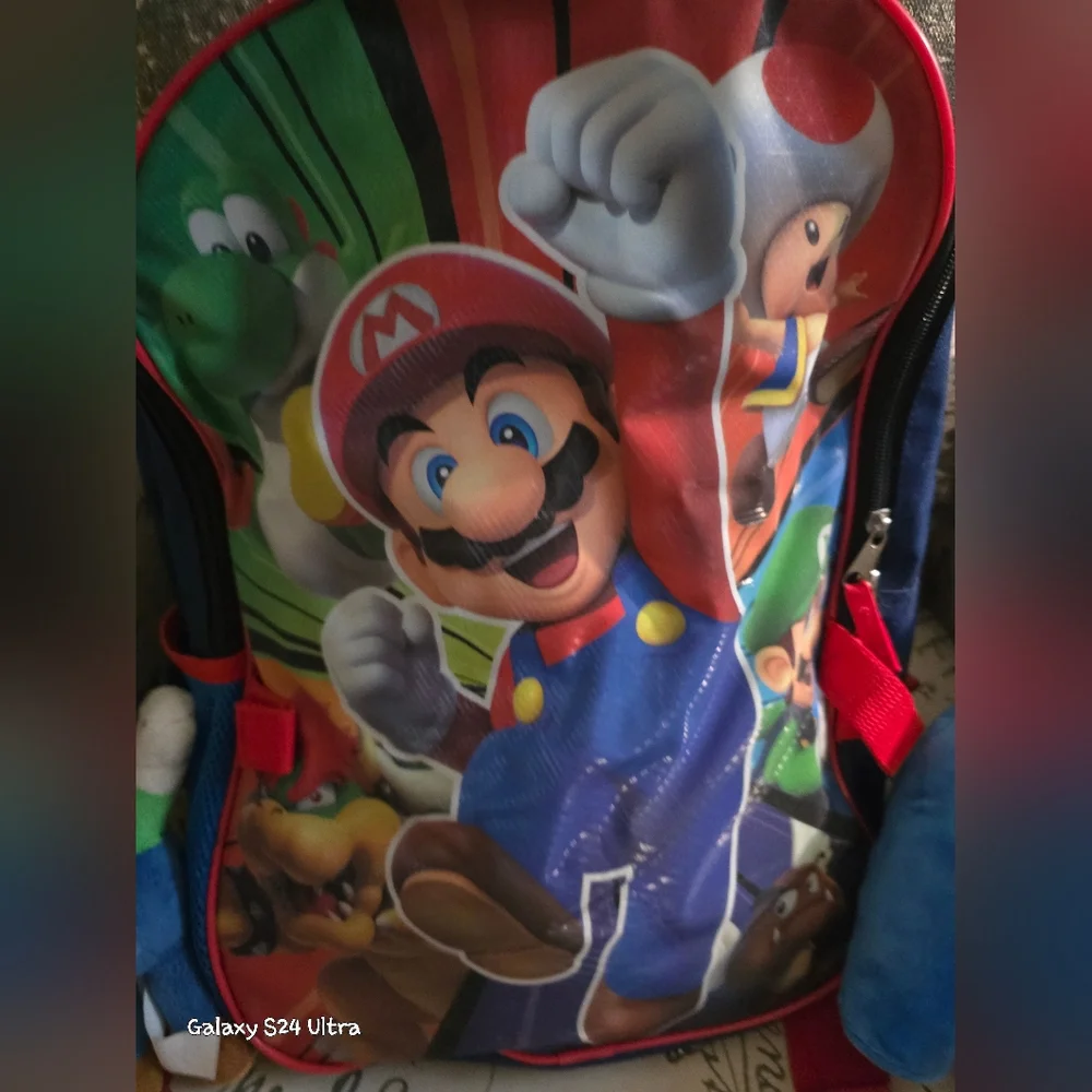 Mario Large Bookbag Backpack With 2 Plush Toys EUC